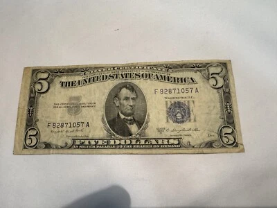1953B 5 Dollar Blue Seal F82871057A -  $5 Silver Certificate - Light Circulated - Image 1 of 2