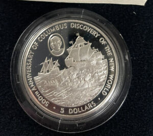 1988 Cayman Islands Proof Silver $5 Columbus 500th Anniversary Box & COA 28.28g