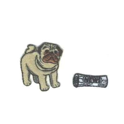 Small Pug News Paper Roll Patch Embroidered Cut out Iron on Sew on Set - Image 1 of 3