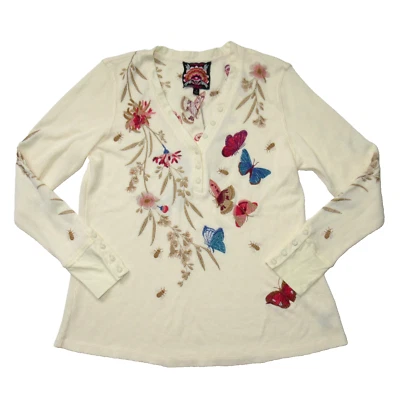 NUEVO CON ETIQUETAS Camiseta Johnny Was Aria Cuello en V Térmica Henley en Brie Marfil Mariposa M Foto 1 de 4