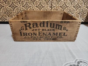 Vintage Holzkiste Box gestempelt JL Prescott Jet schwarz Radium Emaille (1905-1930) - Bild 1 von 13