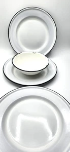Enamelware Metal 9" Plates & 6" Bowl 4 Piece White With Black Rim Camping - Picture 1 of 4
