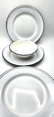 Enamelware Metal 9" Plates & 6" Bowl 4 Piece White With Black Rim Camping - Image 1 of 4