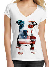 Junior's Usa Flag Pitbull Puppy White V-Neck T-Shirt American July 4 Dog Us B755