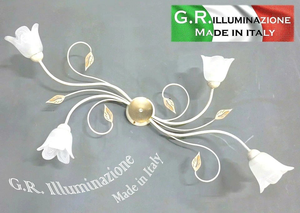 PLAFONIERA IN FERRO BATTUTO 4 LUCI AVORIO ARGENTO E ORO LAMPADARIO SOFFITTO Zoe - Immagine 1 di 4