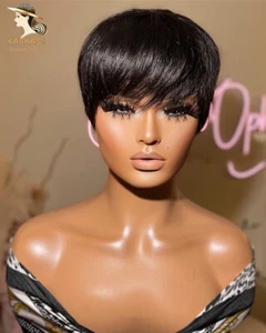 Short Black Pixie Cut Human Hair Wigs No Lace Soft Glueless Pixie Cut Wigs - Picture 1 of 13
