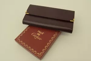 Authentic Must de Cartier Burgundy Clutch Long Wallet Leather Decor Logo GP Clip - Picture 1 of 20