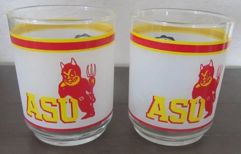 Set (2) Vintage ASU SUN DEVILS Frosted Rocks Glass 4” Arizona State Sparky Mobil Cover
