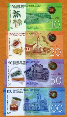 SET Nicaragua, 10;20;50;100 cordobas, 2014-2019 P-209-210-211-212 POLYMER, UNC Cover