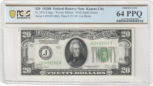 Fr. 2052-J 1928B $20 Fed Reserve Note Kansas City PCGS 64 PPQ - Picture 1 of 2