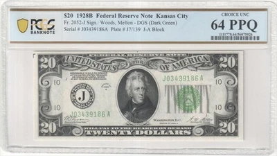 Fr. 2052-J 1928B $20 Fed Reserve Note Kansas City PCGS 64 PPQ   - Image 1 of 2