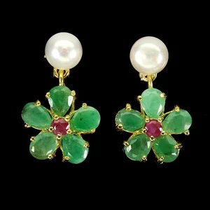 Summer 925 Silver Earrings Oval Emerald Ruby Pearl Natural Gemstone Jewelry - Picture 1 of 13
