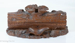 Stunning Antique Black Forest Carved Box, Tree Log with Birds Nest and Foliage - Picture 1 of 10