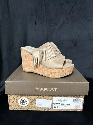 Ariat Unbridled Leigh Leather Fringed 4” Platform Wedges - Size 6.5 Color ; Sand - Image 1 of 4