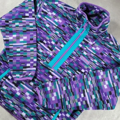 Pullover Columbia polar para mujer mediano púrpura verde azulado geométrico media cremallera bolsillos Foto 1 de 4