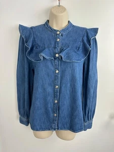Top camicia ZARA taglia S denim blu scuro con volant BLOGGERS FAVE chiusure a scatto cotone - Foto 1 di 10