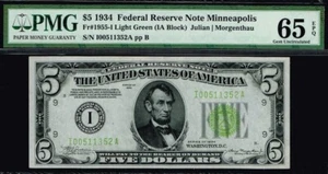 $5 1934 Minneapolis FRN. Fr. 1955-Ilgs. LIGHT GREEN SEAL. LGS. PMG 65 EPQ - Picture 1 of 3