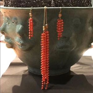 Koralle Perlen Quaste & Gold Halskette Ohrringe Set - Bild 1 von 9