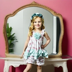 Girls NWT Adorable Sweetness Shorts Set & Dress Top 2 Piece Free Bow 5 - Picture 1 of 5