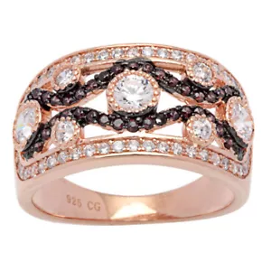 Rosa y Marrón Plata Esterlina con Circonio Cúbico Blanco Estilo Vintage Banda Ancha - Imagen 1 de 6