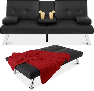 Faux Leather Upholstered Modern Convertible Futon, Adjustable Folding Sofa Bed - Picture 1 of 11