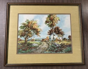 Vintage Original Watercolor Painting Fall Country Landscape Framed - Picture 1 of 17