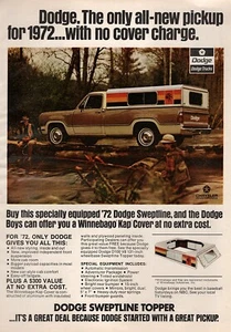 1972 Dodge Sweptline Pickup Truck w/ Winnebago Kap Cover Original Color Ad - Picture 1 of 1