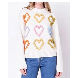 Suéter English Factory Corazón Pom Tejido Mezcla Lana Marfil Amor Mujer Talla Pequeña - Imagen 1 de 14