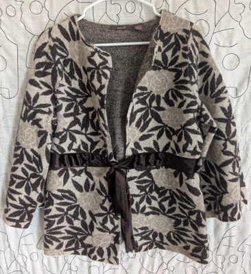 heather B Wool Velvet Tie Cardigan Jacket L Kimono Bell Sleeves Chocolate Brown - Image 1 of 4