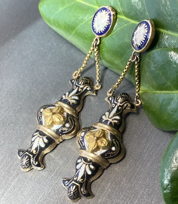 Antique Vintage Enamel Amphora Earrings Estate Fine Jewelry Pre-Owned 14K Gold - Image 1 of 4