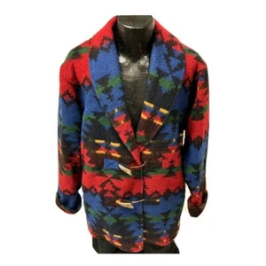 90's Preston York Aztec NAVAJO Coat SOUTH WESTERN Wool Blanket Toggle Jacket L - Picture 1 of 9