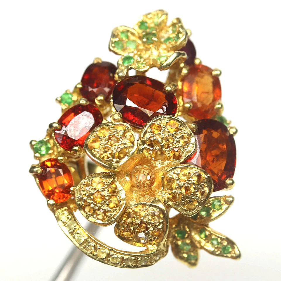 Gemstone Orange Spessartite , Tsavorite & Sapphire Jewelry Ring 925 Silver Size8 - Image 1 of 4