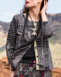 Gudrun Sjoden Size M African Summer Cotton Cardigan Grey Geometric Lagenlook - Picture 1 of 22