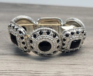 Chunky Silvertone & Black Rectangular Circular Links Stretch Bracelet - Picture 1 of 5
