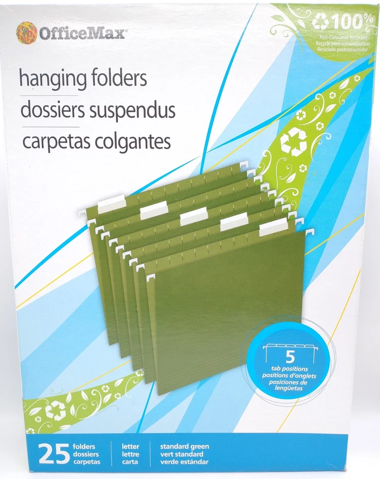 Office Max Hanging File Folders Standard Size Green, Box Of 25 Five Tab Position - Image 1 of 2