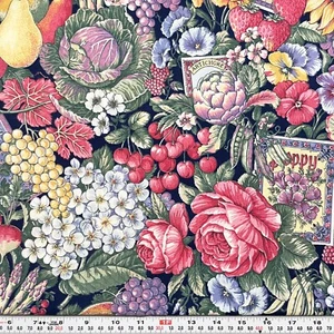 Vintage Joan Kessler Fruits Veggies Florals Seeds Blue Cotton by the HALF YARD - Picture 1 of 2