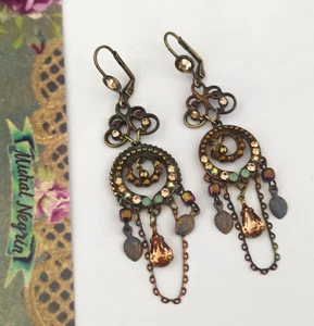 Michal Negrin Earrings Long Chandelier Romantic Crystals Brown Filigree Runway 3 - Picture 1 of 16