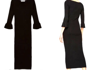 ZARA LONG BLACK DRESS KNITTED RIBBED MIDI DRESS FRILL SLEEVE SIZE M new - Picture 1 of 10