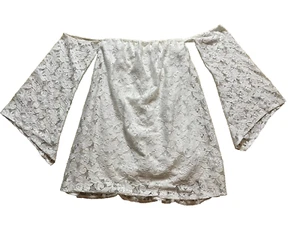 Forever 21 White Lace Blouse Bell Sleeve Cold Off The Shoulder Peasant Tunic S - Picture 1 of 4