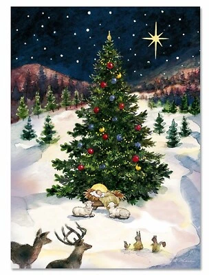 Set (18) Betty Whiteaker Christmas Tree w/Manger Religious Cards 5x7 w/Env - Image 1 of 3