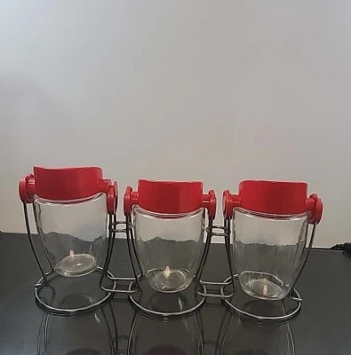 Juego de 3 piezas contenedores de condimentos vintage estante de exhibición suspendido vidrio transparente tapa roja Foto 1 de 4