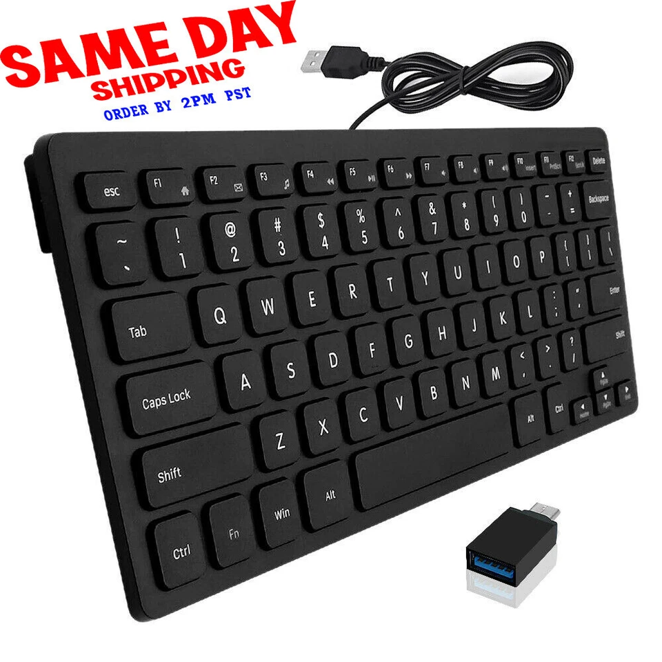 Ultra Thin Mini USB Wired Compact Keyboard f/ PC Laptop 78 Keys Waterproof Black - Image 1 of 1