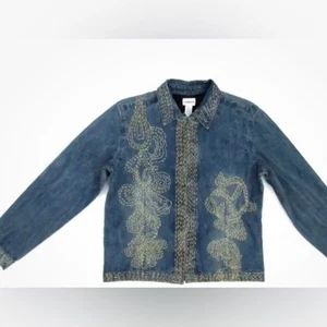 Chaqueta vaquera/denim con cremallera frontal bordada dorada metálica Chico’s talla 1 u 8 - Imagen 1 de 7