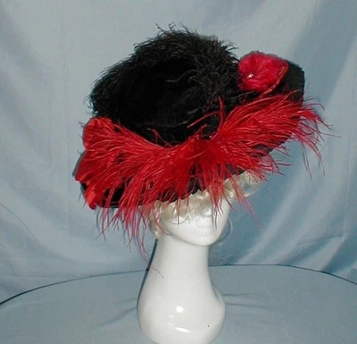 Fancy Antique Hat Edwardian 1912 Black Velvet Wide Brim Feather and Ribbon Trim - Image 1 of 4