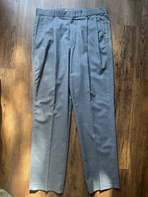 Lands End Mens 35x34 Grey Wool Trousers Pleated Suspender Buttons  Flap Pocket - Image 1 of 4