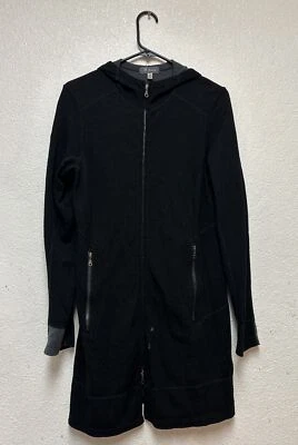 Jaqueta cardigã Ibex feminina Zque Merino lã zíper longo preta com capuz tamanho M FALHAS - Imagem 1 de 4