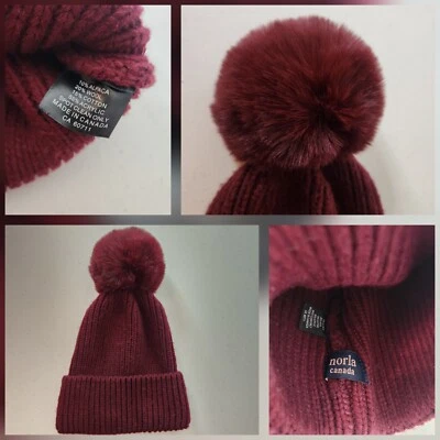 Sombrero de pompón tejido hecho a mano NORLA Canadá borgoña acanalado suave mezcla de lana de alpaca Foto 1 de 4