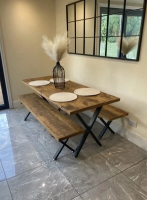 rustic dining table and bench Set - Image 1 of 4