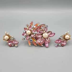 Unsignierte Designer Rosa Givre Navette AB Strass Kunstperlen Brosche Ohrringe - Bild 1 von 12