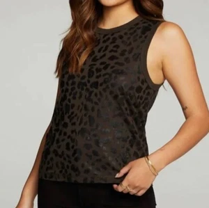 NWT Chaser rpet Vintage Jersey Muscle Tank Black Foil Leopard S - Picture 1 of 8